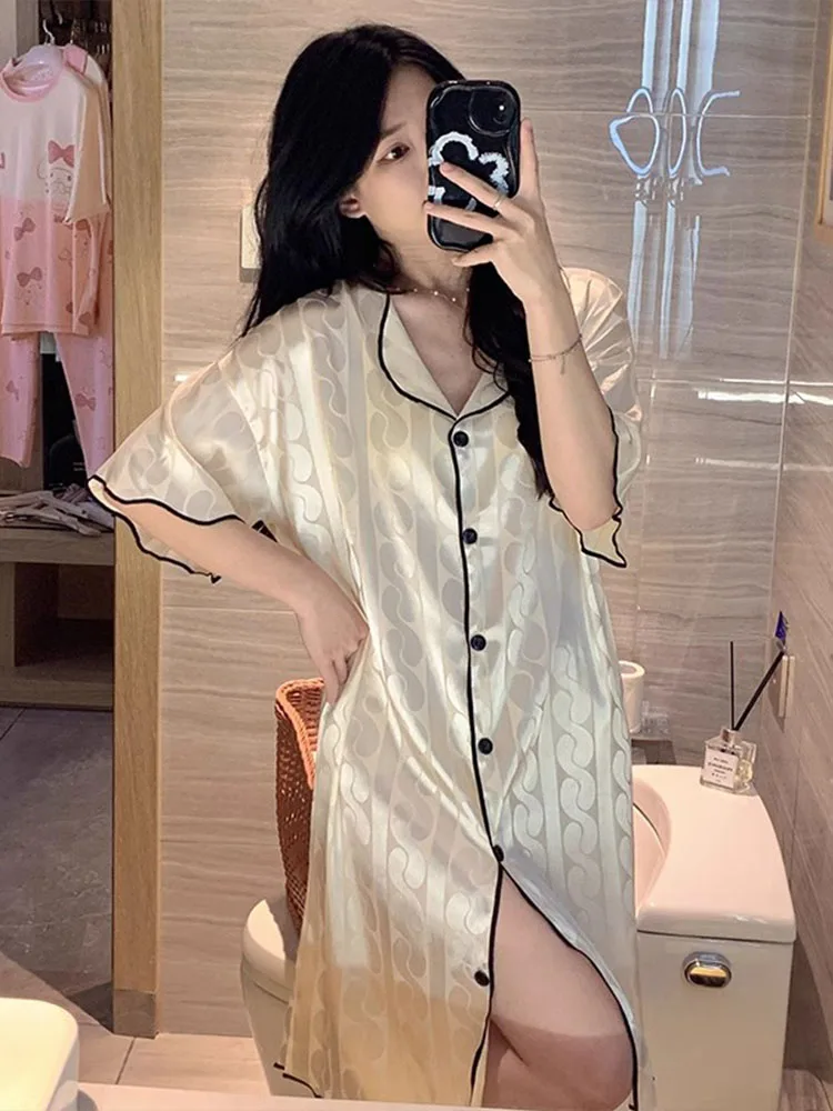 Simple Casual Women's Nightdress 2024 Summer Cool Ice Silk Short Sleeved Shirt Female Pajamas Korean New Cardigan Home Nightgown