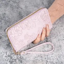 Floral Embossed Leather Women's Long Wallet - Hand - Painted Design with Phone and Card Holder (PURPLE)