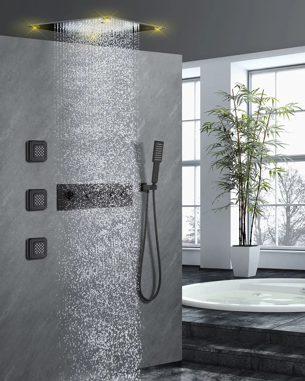 

BUYBAY Встроенная Душевая система Sky в черном цвете, термостатический поворотный выключатель, с фонариками, настенный распылитель воды, твердая медь