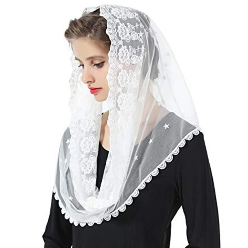 Muslim Women for Infinity Floral Lace Veil Scarf Wedding Bride Chapel for Head Covering Wrap Latin Mass Mantilla Catholic