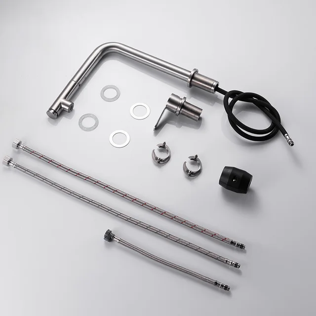 ตัวยกก๊อกน้ำสำหรับห้องครัวแบบดึงออกได้สแตนเลสสตีล360เครื่องผสมร้อนและเย็นแบบซ่อนด้วยกล้องส่องทางไกลหมุนมองไม่เห็นอ่างล้างจานสองรู 6