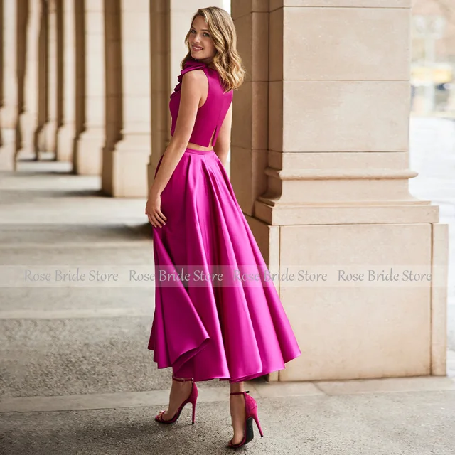 Hot Pink Satin Wedding Cocktail Dresses Midi Crop Top Elegant