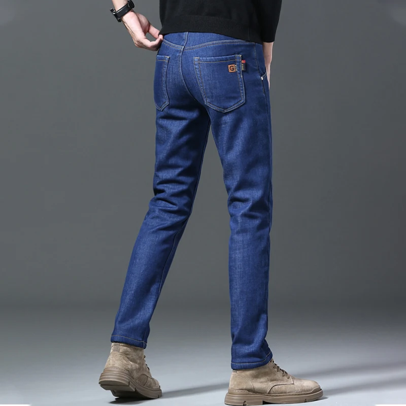 2022 Winter Thick Warm Fleece Jeans Men Black Fashion Business Denim Trouser Blue Stretch Slim Fleece Jeans Man