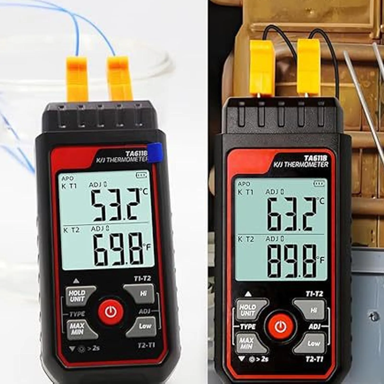 Thermocouple Thermometer K J Type Dual Channel Digital Temperature Meter Backlit LCD Screen Thermocouple Temperature Meter