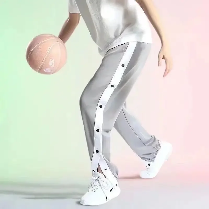 Men's Basketball Style Training Sports Pants Side Button Loose Fit High Street Fashion Side Zipper Cargo Trousers