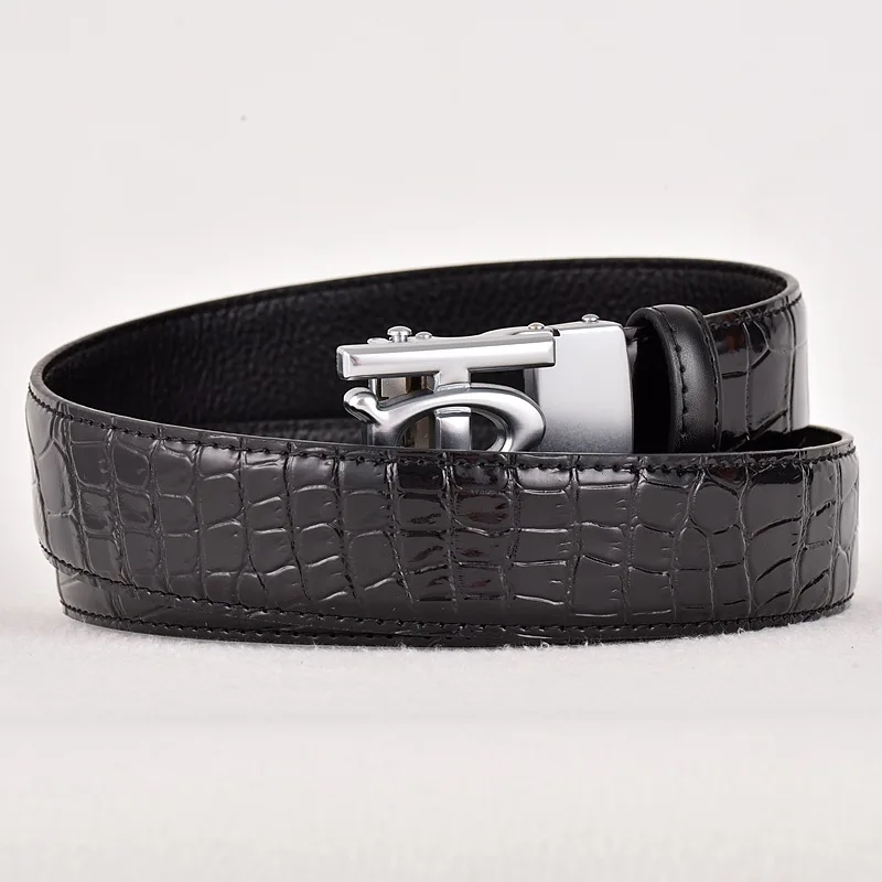 Automatic buckle silver with crocodile pattern Black