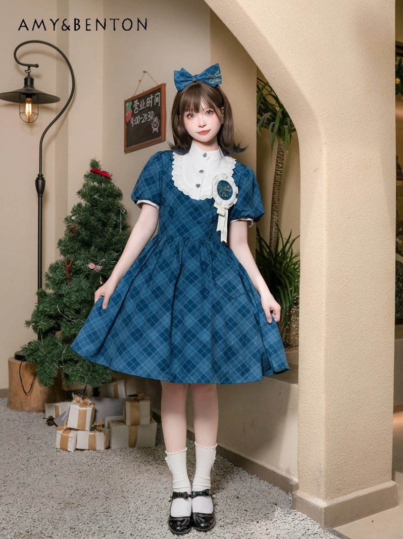 

Original Lolita Sweet Girl Ball Gown Dress Summer New Song-Promotion Costume Japanese Cute Puff Sleeve Slim Plaid Mini Dress