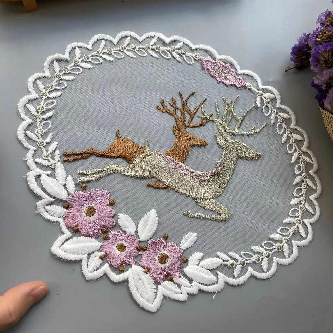 

2 PCS Embroidered Pink Deer Flower Mesh Lace Ribbon Applique Trims for Covers Curtain Home Textiles Sewing Strip Ribbon Fabric
