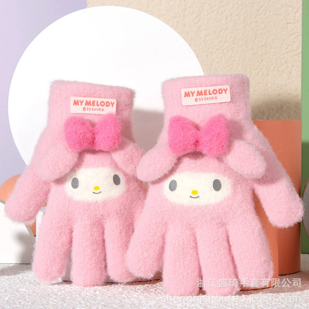 Anime Sanrios Kids Plush Gloves Cartoon Kuromi Melody Cinnamoroll Kawaii Winter Thickened Mittens Girls Five Finger Gloves Gift