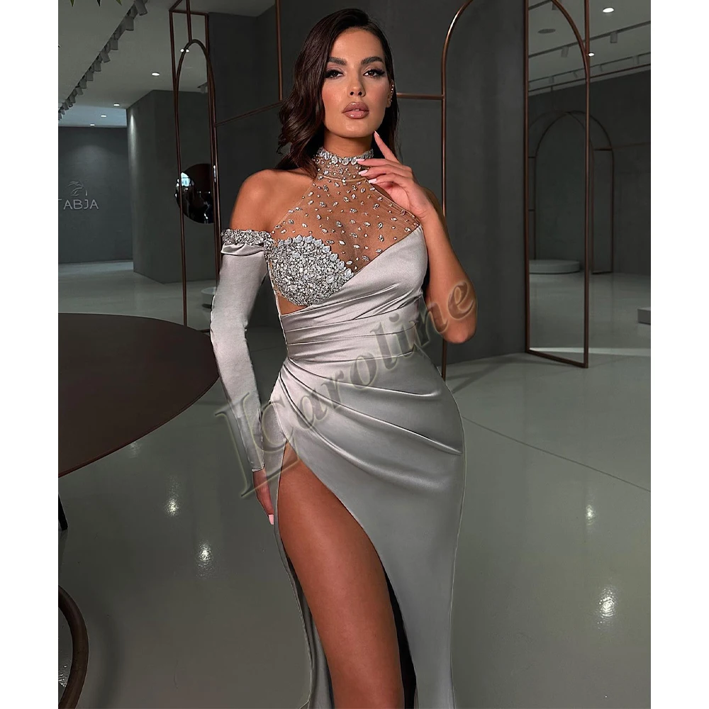 Caroline Sexy High Neck Crystals Evening Party For Women One Shoulder Side  Slit Illusion Customized Vestidos Robes De Soire - AliExpress 320