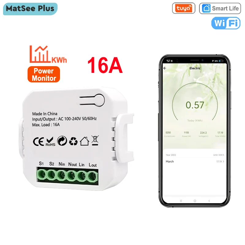 Tuya Smart WiFi Energy Monitor Switch Socket Mini Module Din Rail Timer App Remote Control On Off Works with Google Home Alexa