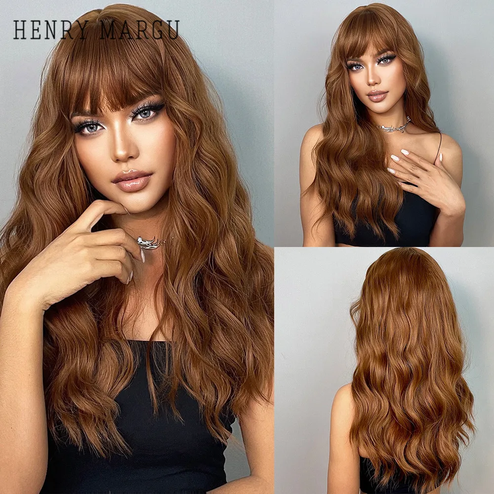 HENRY MARGU Long Wavy Auburn Red Synthetic Wigs with Bangs Kinky Curly Natural Hairs for Daily Cosplay Party Heat Resistant Wigs