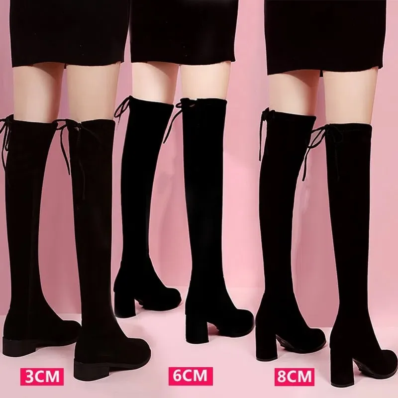 

Women Over Knee Boots Brand Thigh High Botines Sexy Pointed Toe Heeled Boots Lace-up Velvet Knight Bottes Plush Fur Winder Shoes