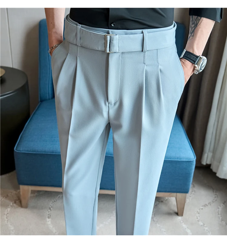 Description Picture 6 of itemNew Retro Belt Design Suit Pants Men's High Quality Solid Color Business Casual Formal Pants Party Wedding Trousers Men Clothing