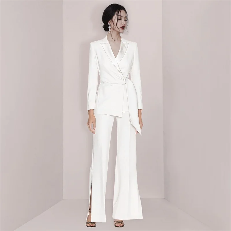 

White Women Suits Set For Wedding Elegant Blazer+Split Flare Pants 2 Pieces Formal Lady Jacket With Bel Prom Dress t In Stock