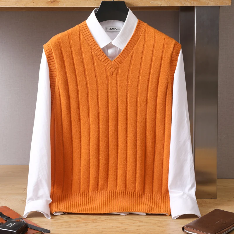 100% Pure Cashmere Sweater Men's Tank Top High-Grade Loose Waistcoat Autumn And Winter Thickened V-Neck Knitted Bottom  Camisole