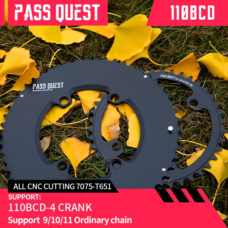 

PASS QUEST MTB 110BCD Crankshaft Set Round Black Suitable for 4claw Crank Chainring 9-11 Speed Road Bike 46T 48T 50T 52T 53T 54T