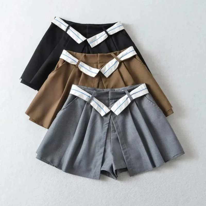Summer Pleated Shorts Skirts Women Fake Two Piece Sexy Culottes Clothing Irregular Turn Over Waist Hot Girls Anti Exposure Pants