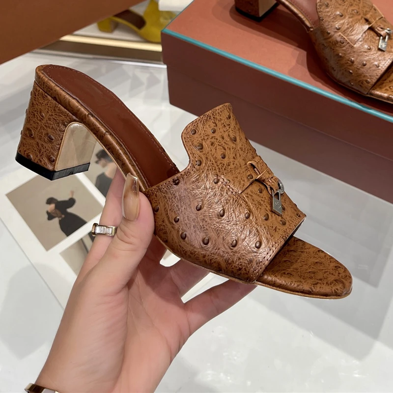 

Europe America LP Fashion Leather Women's Slippers Summer Cowhide Metal Lock Women's Shoes Mueller Shoes High-heeled sandals