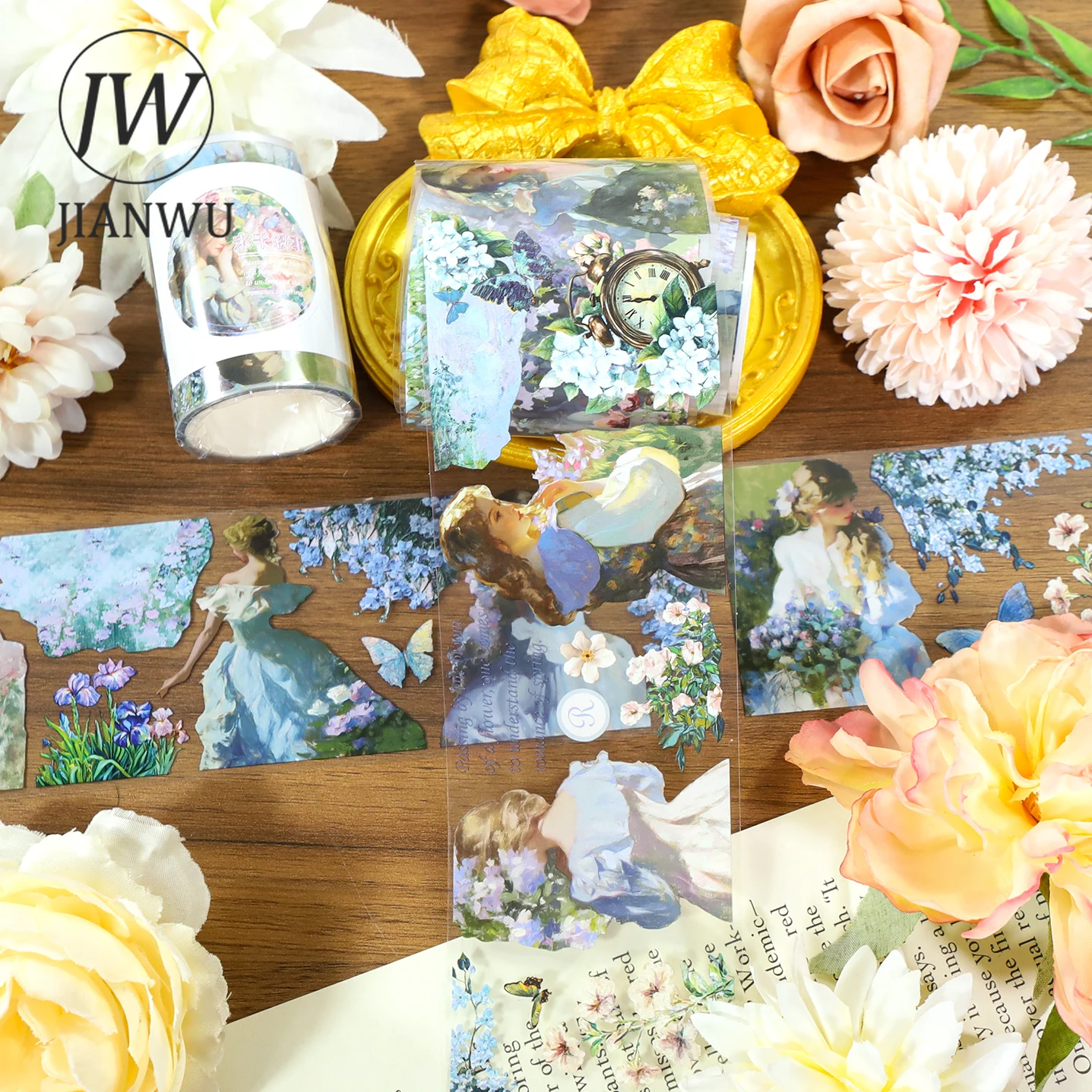 JIANWU60mm*200cm 빈티지 나비 꽃 캐릭터 풍경 소재 콜라주 스크랩북 PET 테이프 크리에이티브 저널 문구