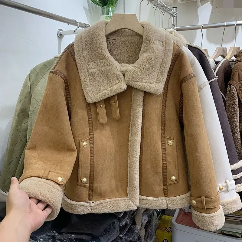 

2023 Spring Autumn Women New Loose Imitation Fur Coats Female Faux Lamb Wool Outerwear Ladies Short Motorcycle Jackets A493