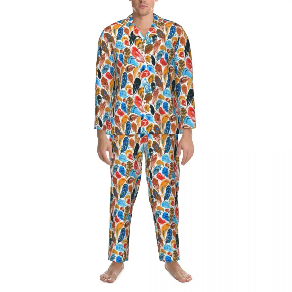 

Pajamas Male Bright Feather Room Nightwear Colorful Print 2 Pieces Aesthetic Pajamas Set Long-Sleeve Kawaii Oversized Home Suit