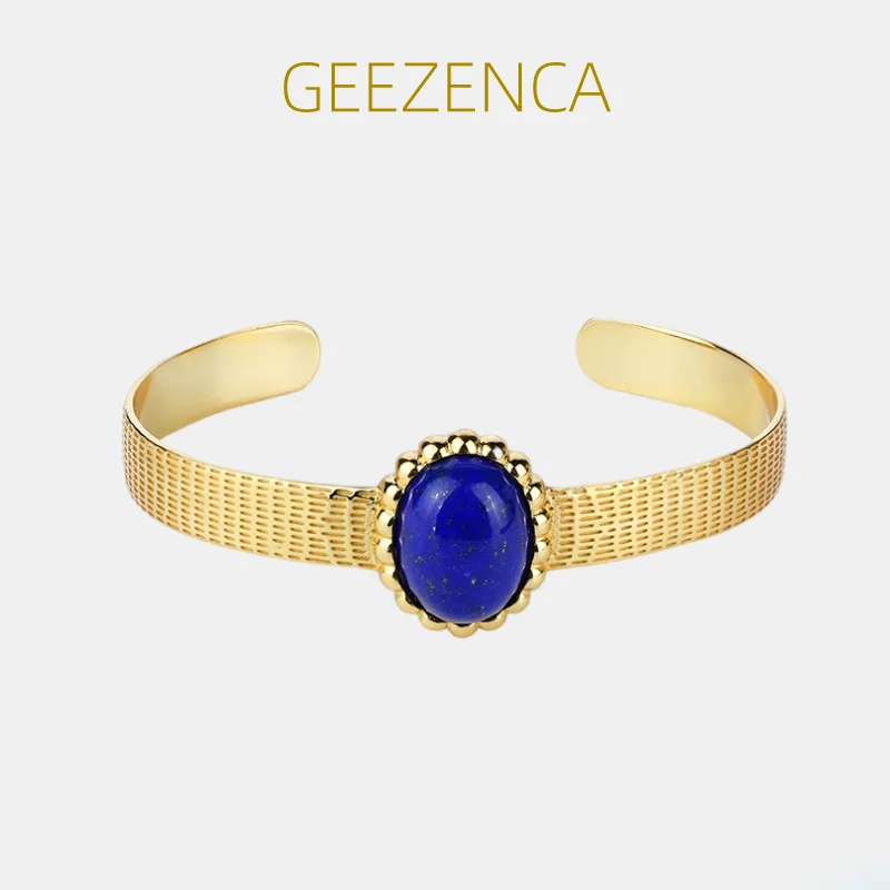 

GEEZENCA Natural Lapis Lazuli S925 Silver Bangle For Women Oval Blue Stone 18K Gold Hollow Luxury Cuff Bracelet 2023 New Gift