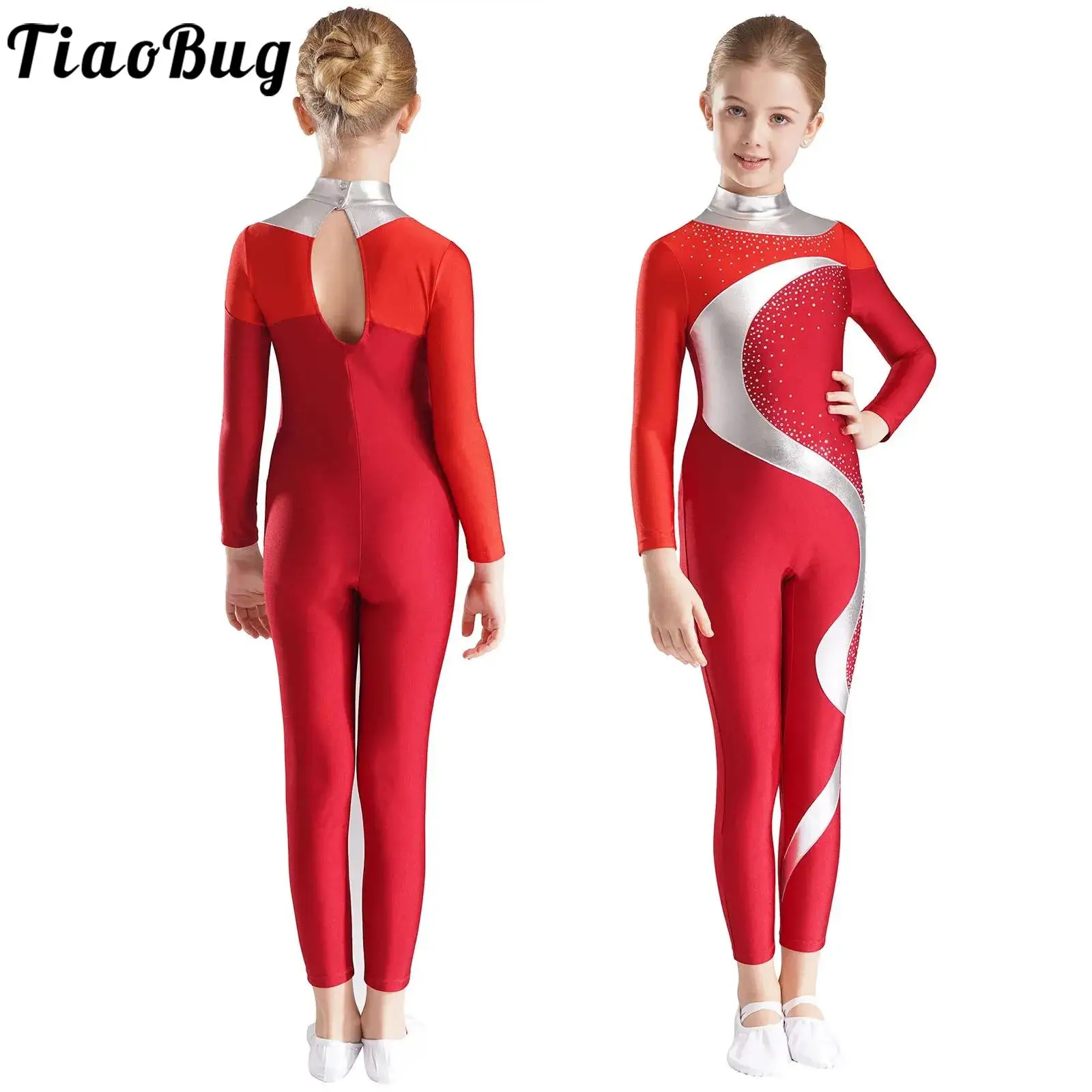 Kids Girls Rhythmic Gymnastics Jumpsuit Ballet Full Bodysuit Metallic Contrast Figure Ice Skating Dancewear girls dance costumes