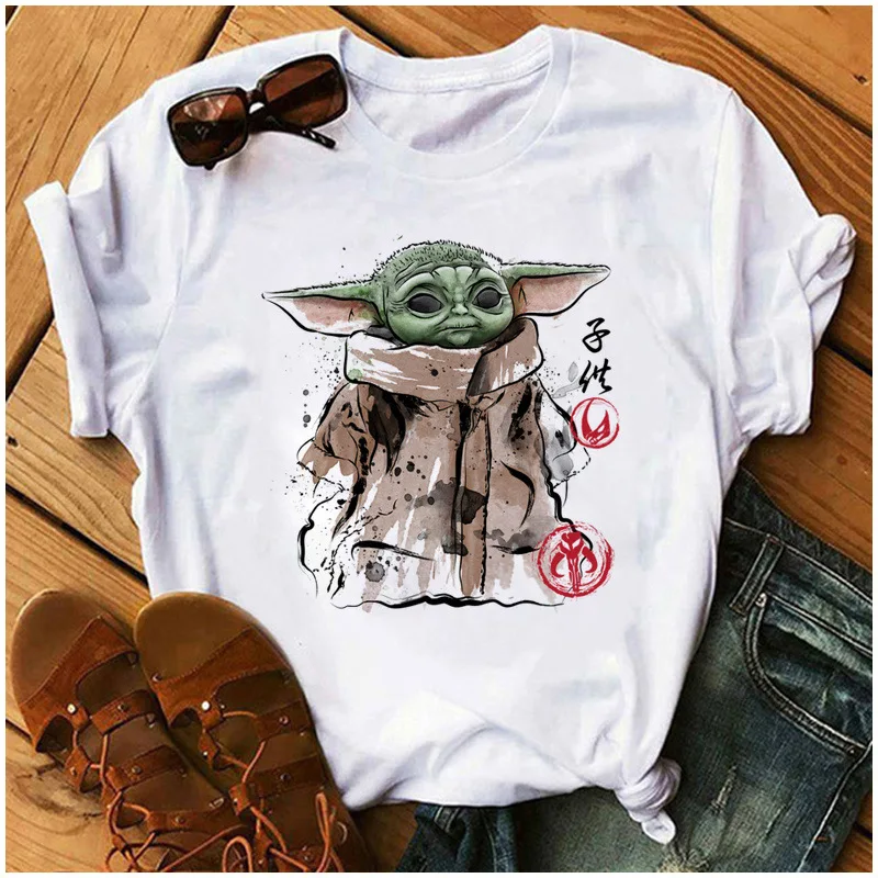 Kawaii Disney Cartoon Tees Mandalorian Yoda Kawai Star Wars gotyckie damskie koszulki białe męskie topy luźne damskie hipisowskie bluzki