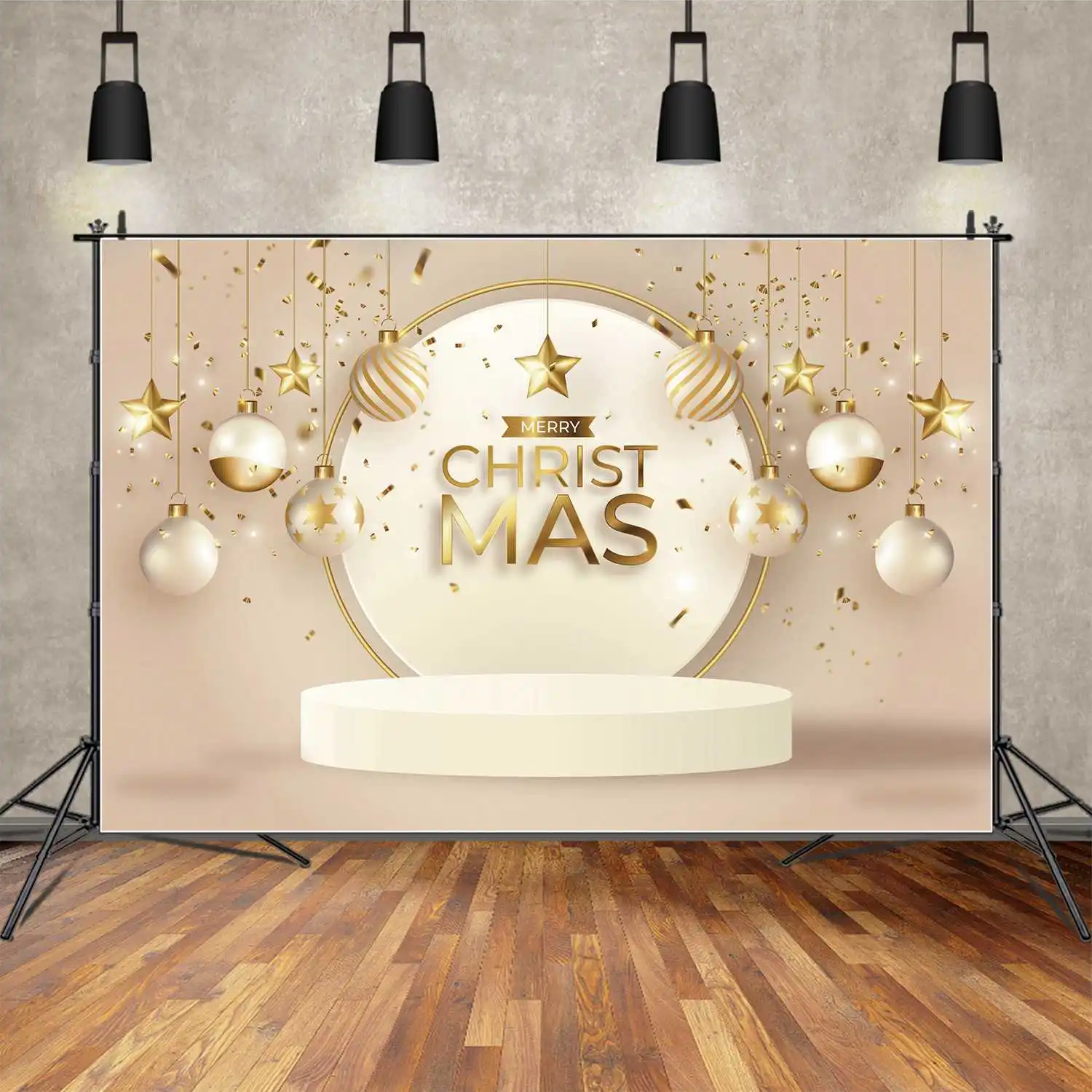 Moon.Qg Fondale Merry Christmas Golden Ribbon Star Ball Arch Frame Stage Photography Background Children Party Prop Photo Booth