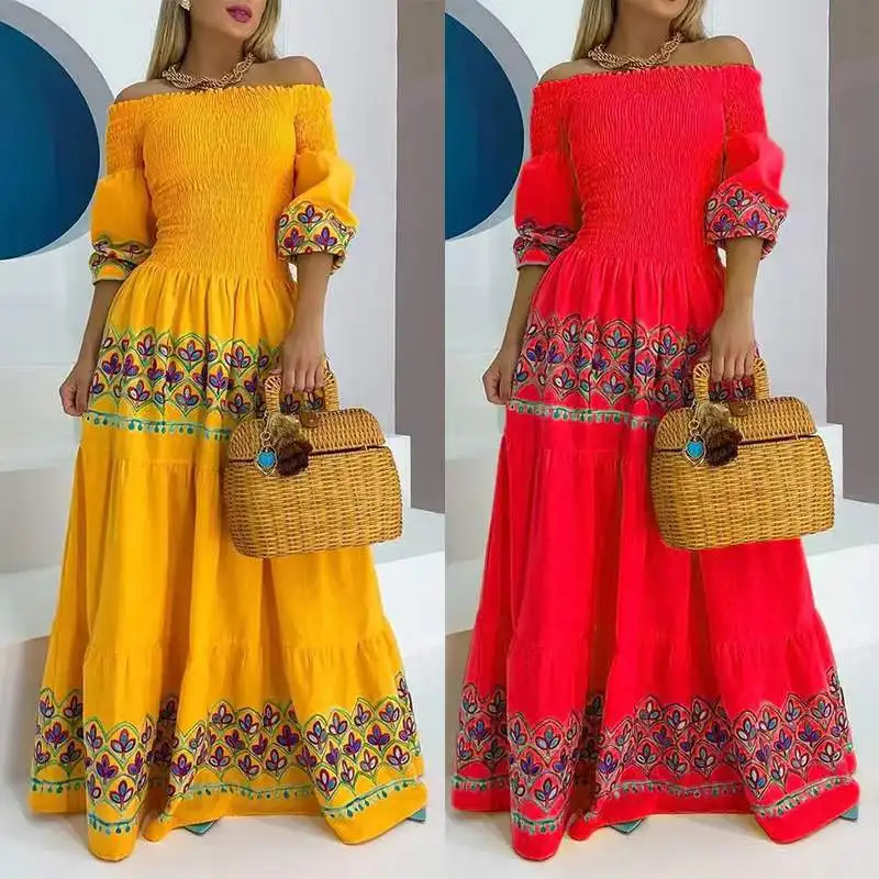 

Summer New Women's Ethnic Wind Printing Hem Dress Long, High Waist Temperament Commuter Halter Embroidery Long Dress for Women