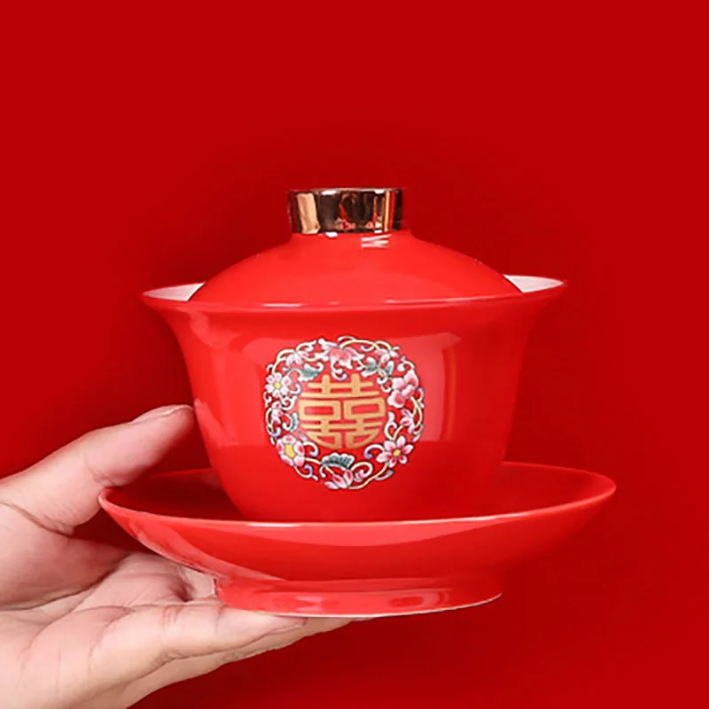 Chinese Red Ceramic Tea Set, Teapot, Gaiwan, Serving Tea Tray, Wedding Party Souvenir Gift, Porcelain Supplies