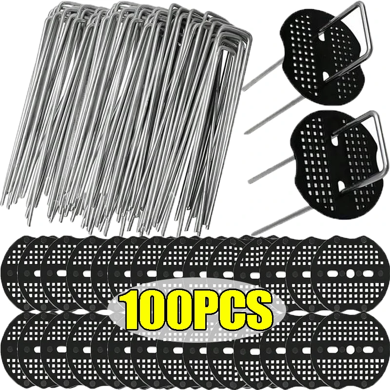 Garden Stakes 100/10x Galvanized Steel Garden Stakes U-Shape Landscape Pins Staple Ground Nail Fence Tubing Film Fixed Pegs Gardening Tools
