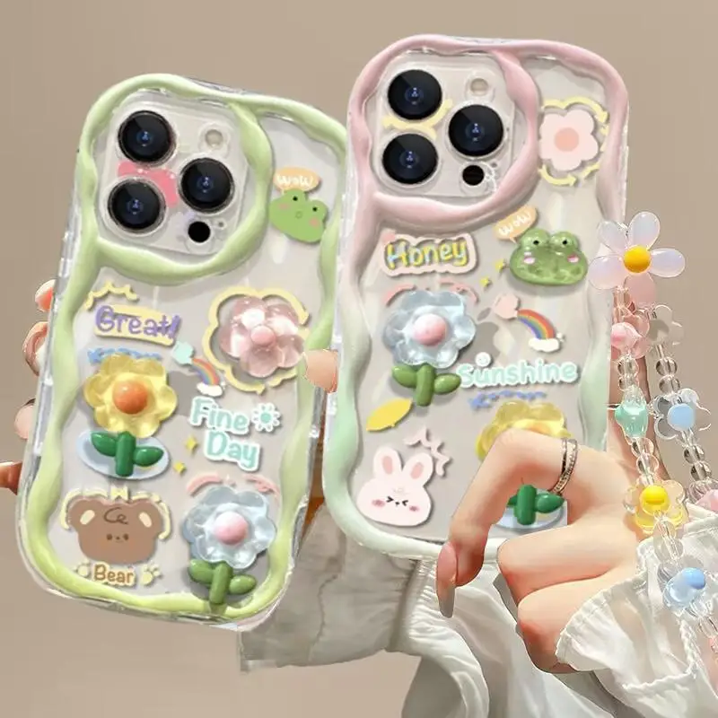 Charming 3D Pink and Blue Flower Chain Phone Case