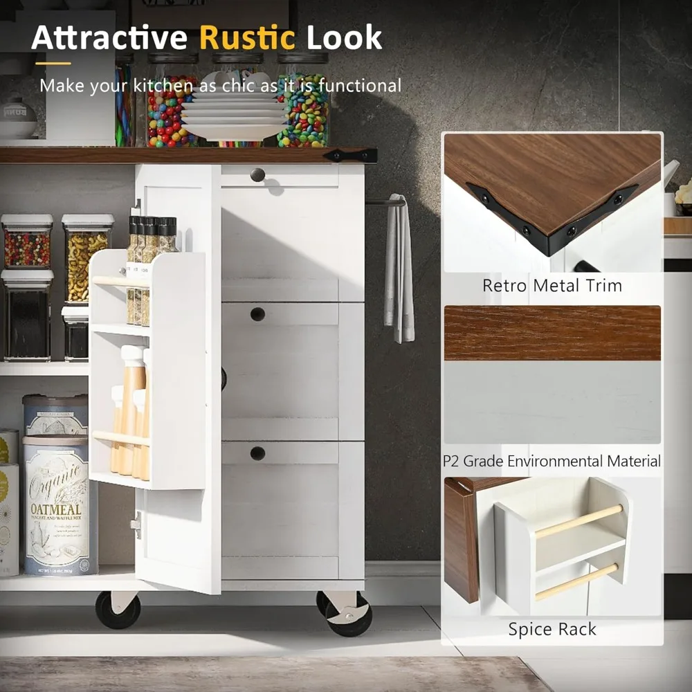 54.5"  Mobile Kitchen Island with Power Outlet, Drop Leaf, Spice Rack and Drawer - Rolling Kitchen Cart with Ample Storage 6