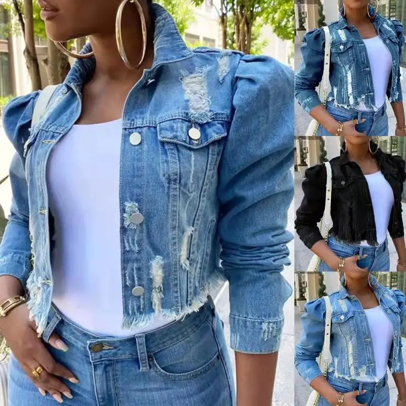 Christmas 2024 Autumn Winter Coat Women's Ripped Denim Jacket Casual Long Puff Sleeve Button Down Cropped Jean Coats for Fall pants merry christmas tree plaid ripped distressed denim jeans in blue size s