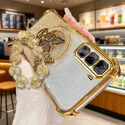 Star Lanyard Plating Butterfly Holder Shockproof Silicone Phone Case with Stand Cover for Infinix Hot 60 Pro (HDXXSL Gold)
