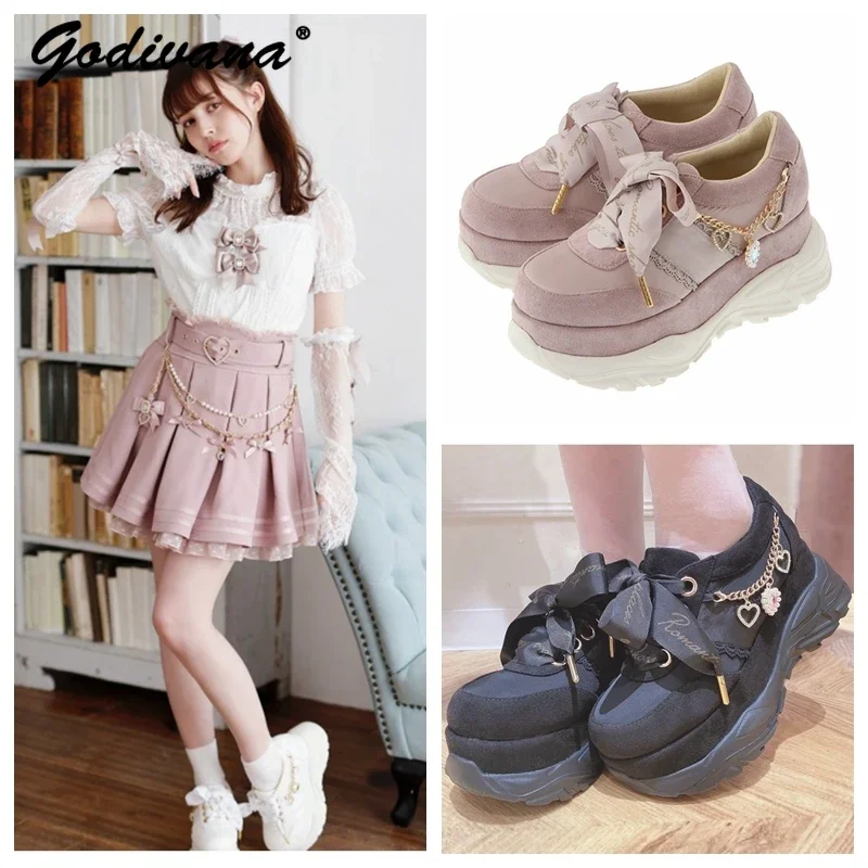 Japanese Style Trendy Liz Sweet Rhinestone Love Chain Cute Platform Mine Series Women's Ribbon Bow Sneakers Girls Sports Shoes