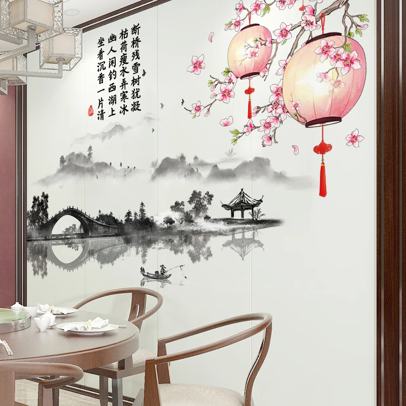 Chinese Tv Achtergrond Muur Decoratie Zelfklevend Behang Landschap Lantaarn Decoratieve Schilderkunst Muurstickers Inkt Schilderij