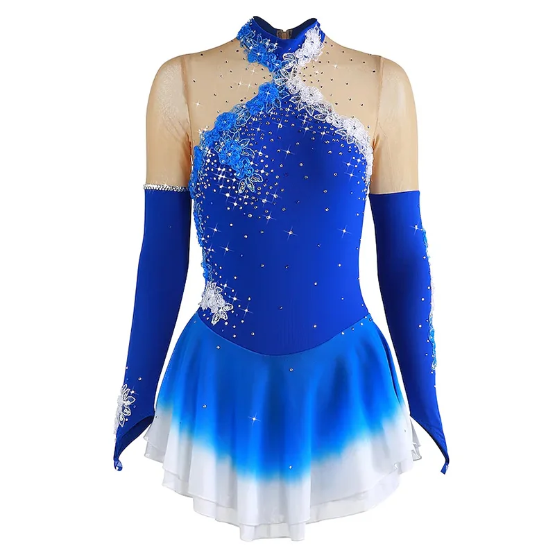 Figure Skating Dress Flower Long Sleeve Women Girls Competition Ice Skating Dress Purple Performance Dancewear With Rhinestone