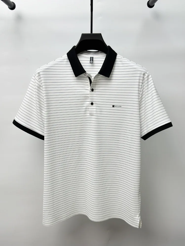 Advanced Ice Silk Breathable Short sleeve T-shirt for Men's 2024Summer New Trendy Stripe Letter Print Business Casual Polo Shirt 17 S2b8d70c8dc5f423abe08c27af79ff595G