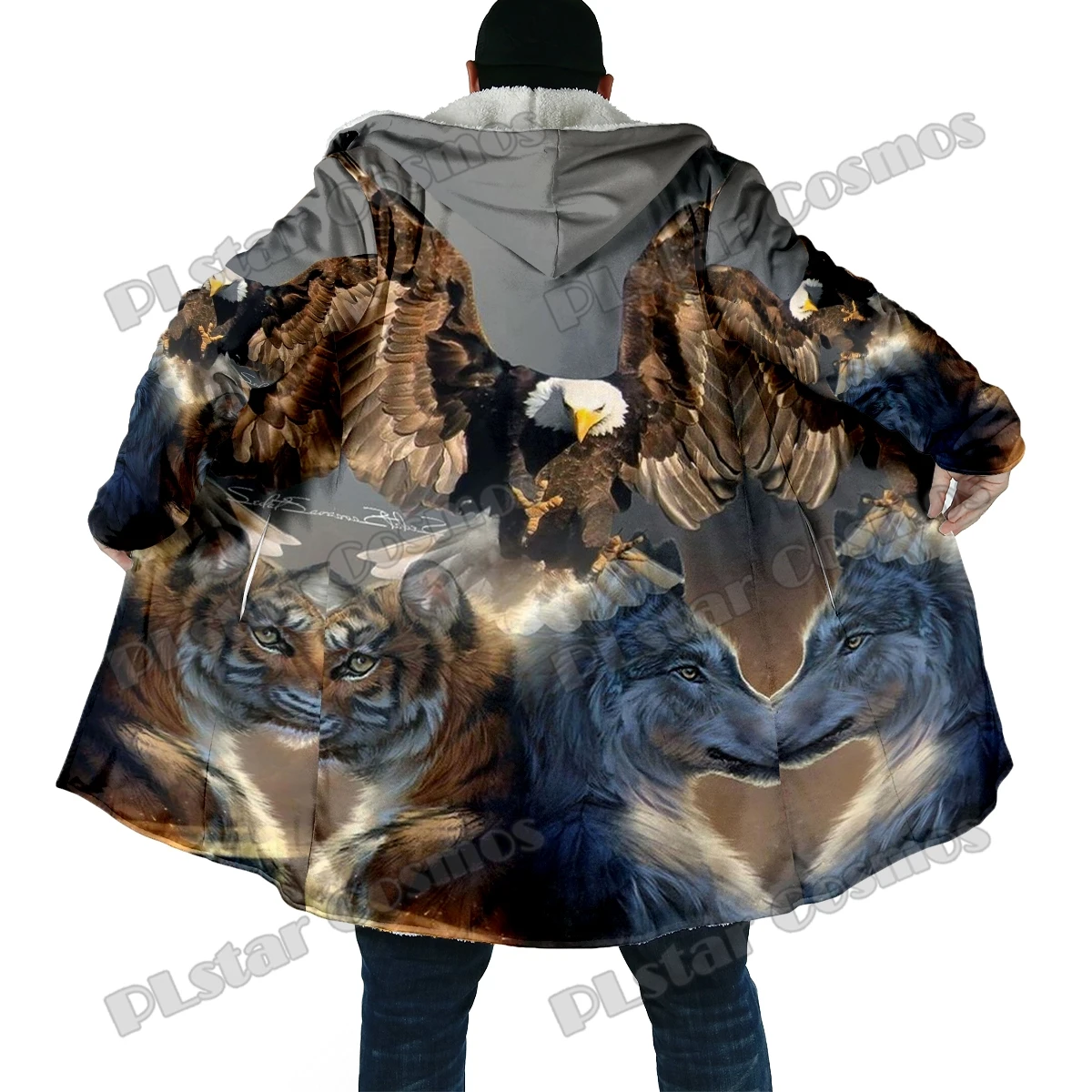Winter Fashion Men's cloak Animal Eagle Pattern 3D All Over Printed Thick Fleece Hooded Cloak Unisex Casual Warm Cape Coat DP45