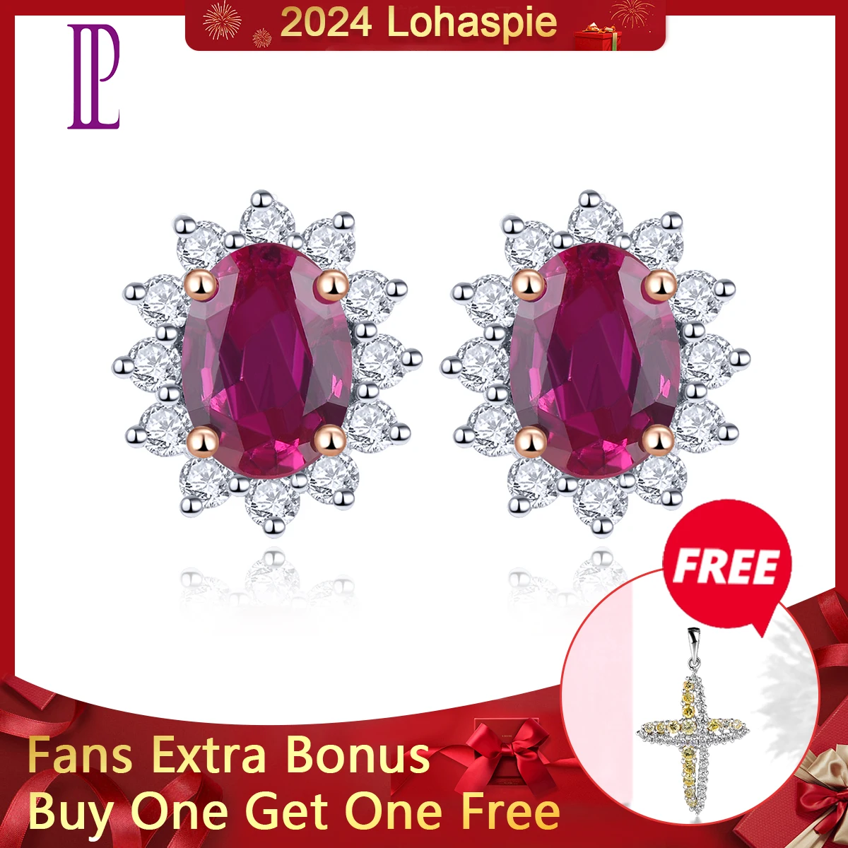 LP Natural No Heated Ruby & Diamonds Stud Earring 14 K Rose Real Gold Earrings Sunflower Shape Fine Jewelry for New Year's Gift