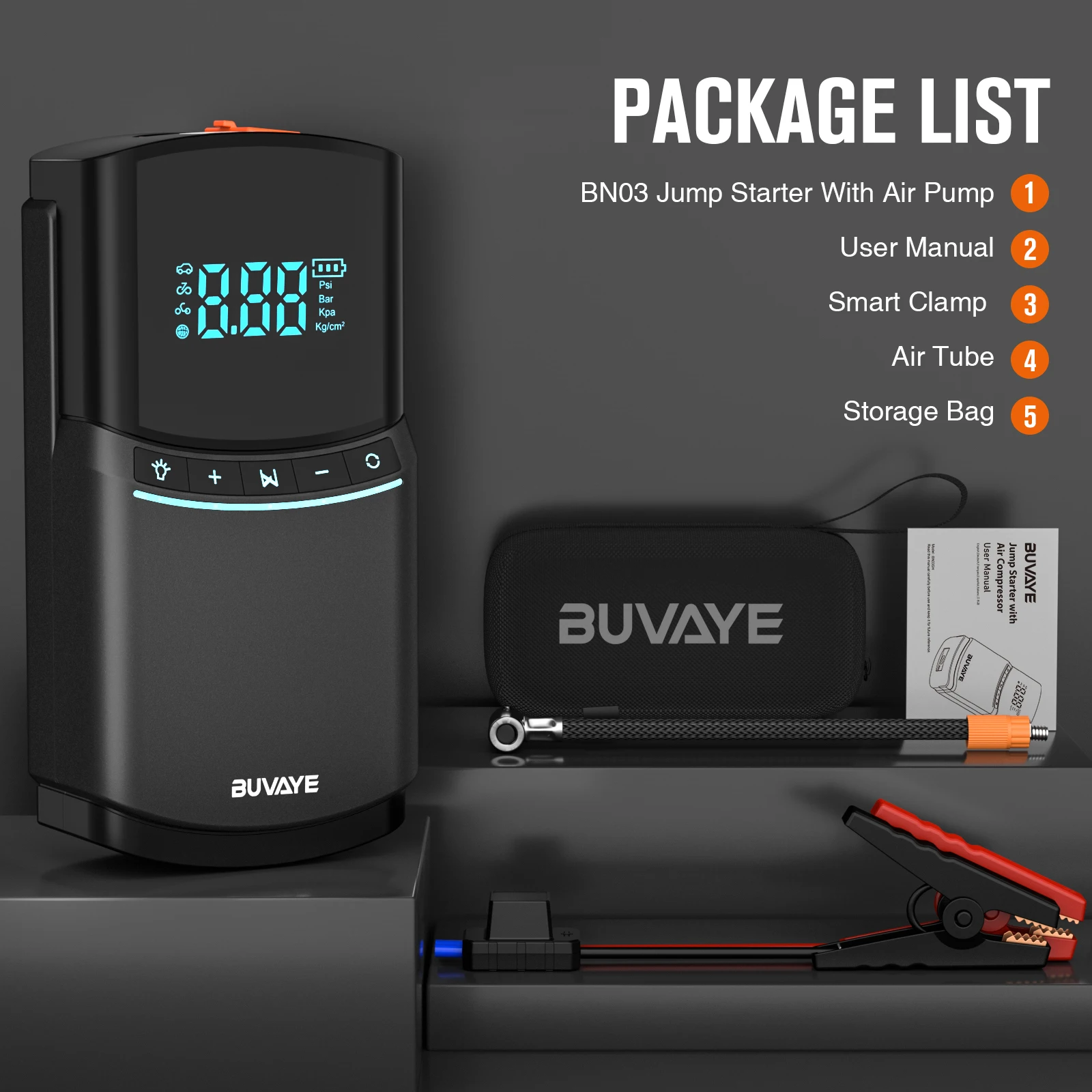BUVAYE Car Jump Starter 2000A Air Compressor Pump 150PSI Power Bank 12000mAh Battery Booster 12V Digital Auto Tyre Inflator