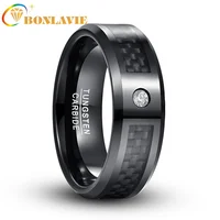 BONLAVIE 8mm Tungsten Carbide Ring Black Polishing Round Zircon Black Carbon Fiber Ring Engagement Wedding Rings for Men 1