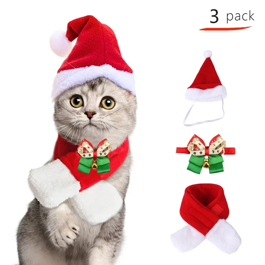 1pcs new Christmas pet scarf hat set, funny and cute cat Christmas dog set