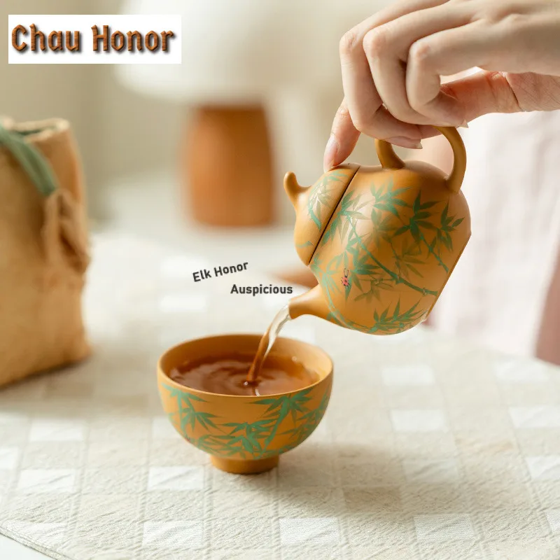 Pure Hand-painted Bamboo Eggplant Melon Zisha Travel Tea Set Kit  1 Pot 1 Cups Tea Maker Organizer Portable Camping Handbag Gift