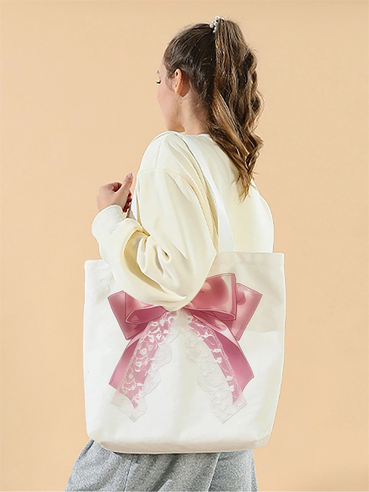 1pc,pink bow handbag, reusable fashionable handbag, multifunctional handbag, printed canvas shopping bag