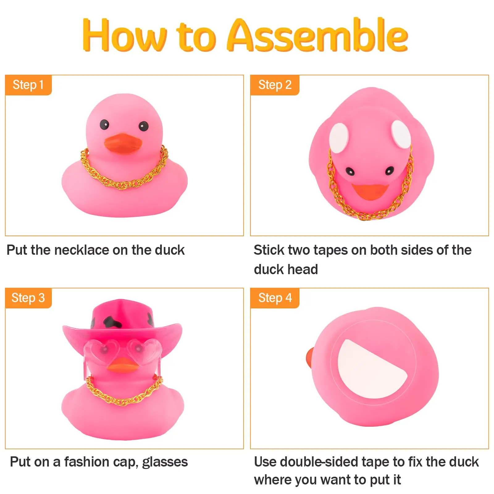 Car Cowboy Rubber Ducks, Dashboard Decorations Pink Duck for Car Ornament Accessories with Hat Heart Glasses Chain, Pink 5