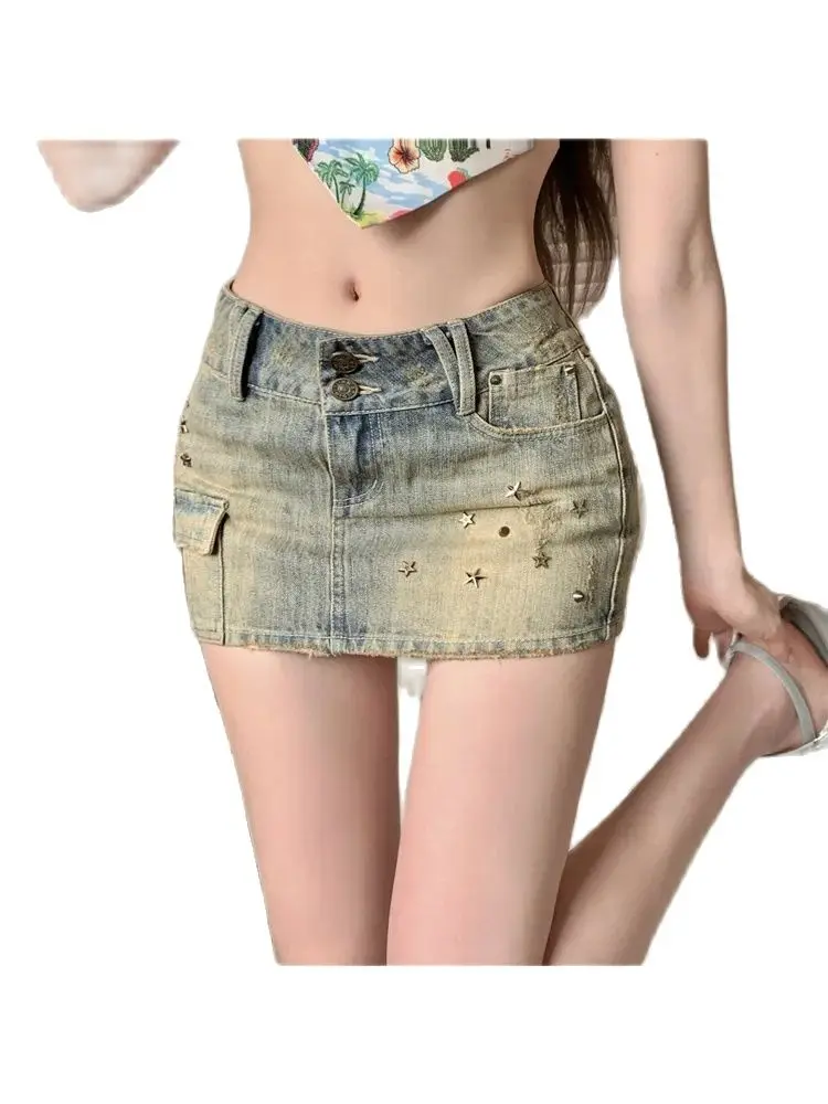 

2023 Summer Women Blue Denim Mini Skirt High Waist A-Line Skirt Y2k Korean Style Vintage Star Skirts Harajuku Streetwear Clothes